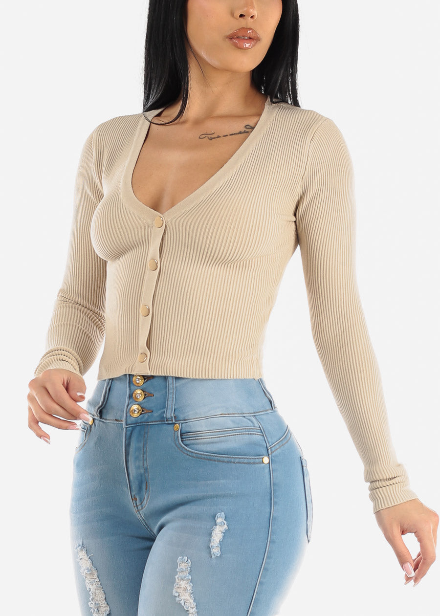 Ribbed Long Sleeve Vneck Cropped Sweater Top Tan