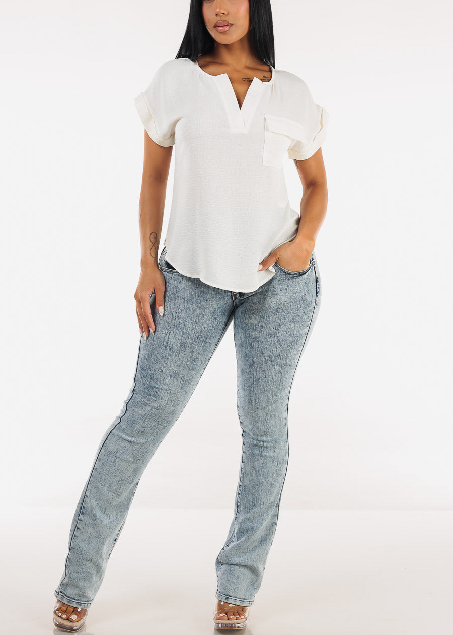 Cuff Short Sleeve Vneck Blouse Cream