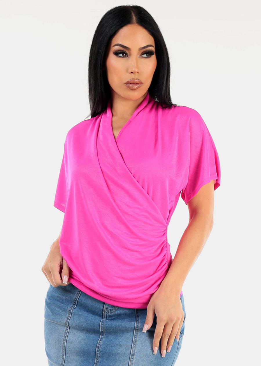 Short Dolman Sleeve Surplice Blouse Hot Pink