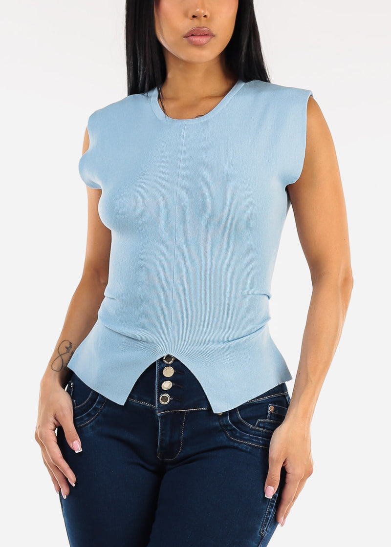 Stretch Sleeveless Round Neck Sweater Top Light Blue