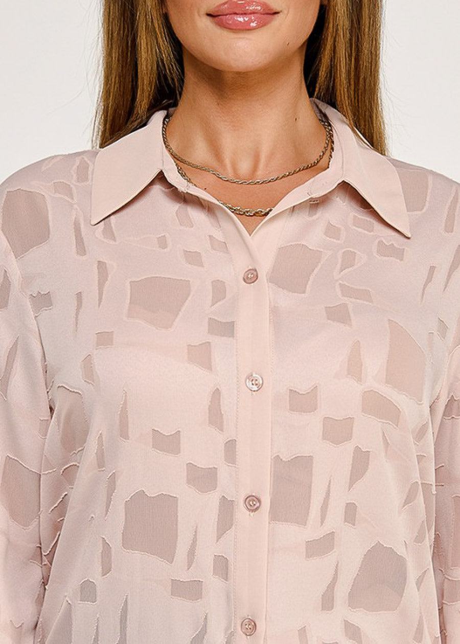 Long Sleeve Button Up Textured Collared Blouse Light Nude