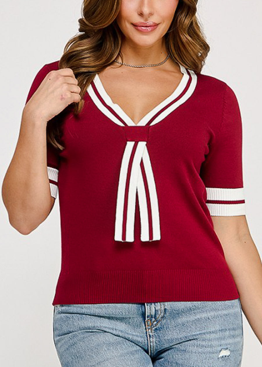 Short Sleeve Vneck Sweater Top Wine w Tie detail