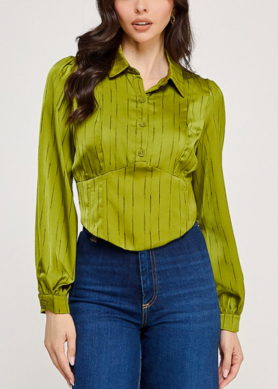 Long Sleeve Printed Corset Style Blouse Olive