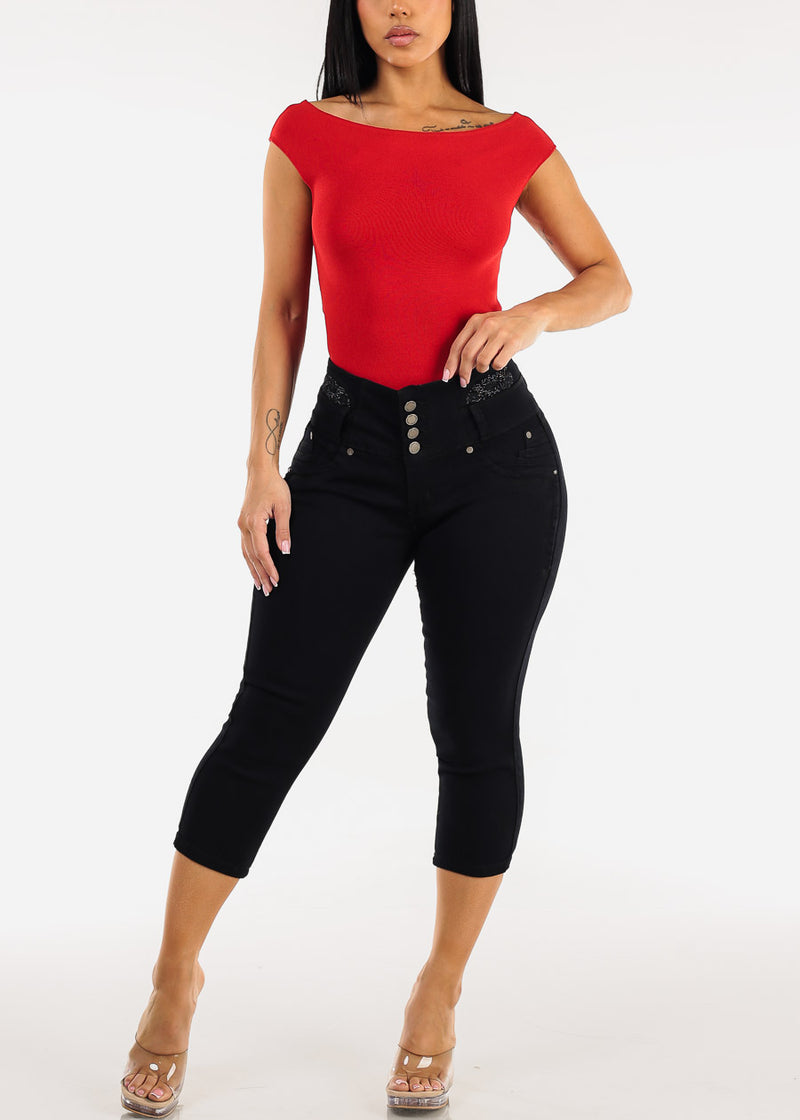 Stretch Cap Sleeve Boat Neckline Sweater Top Red