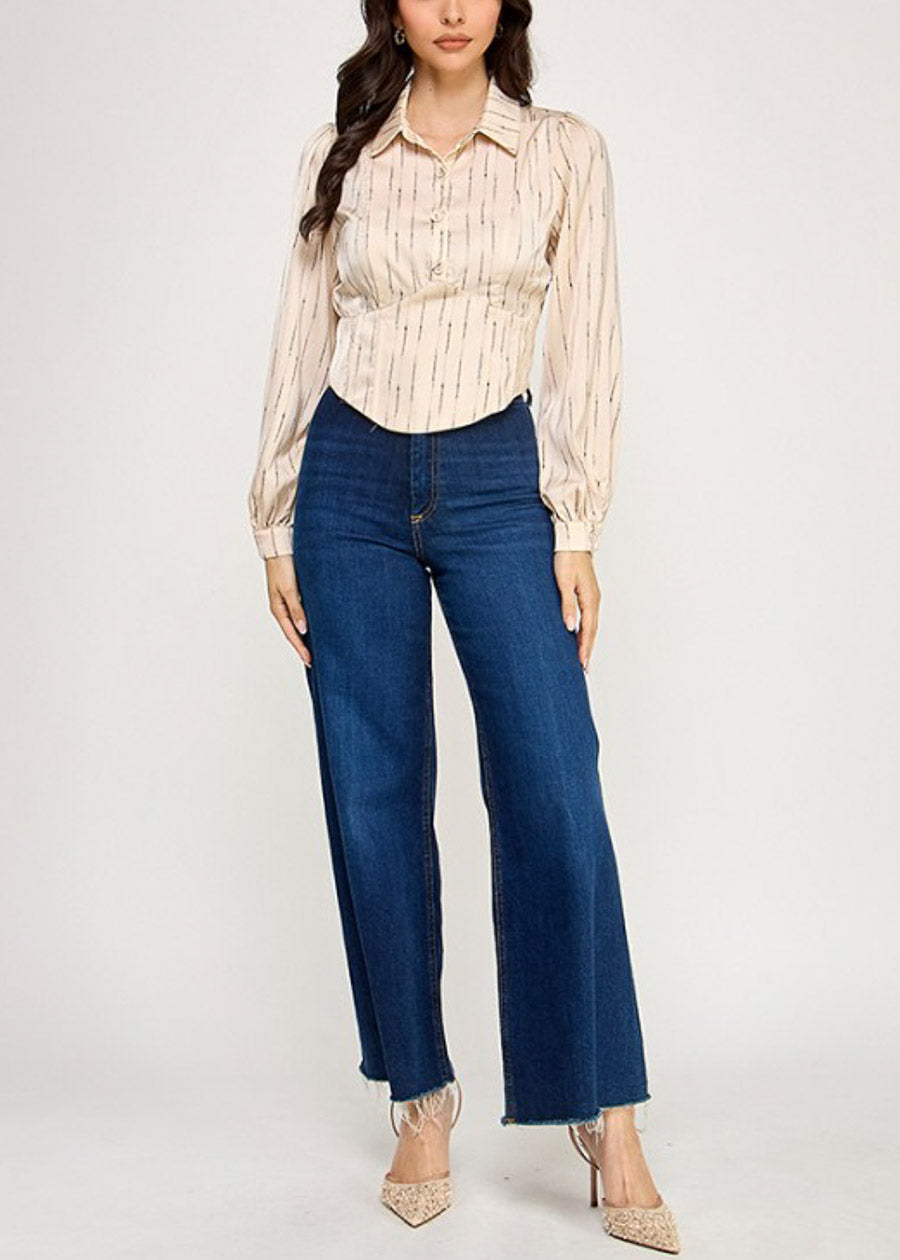 Long Sleeve Printed Corset Style Blouse Beige