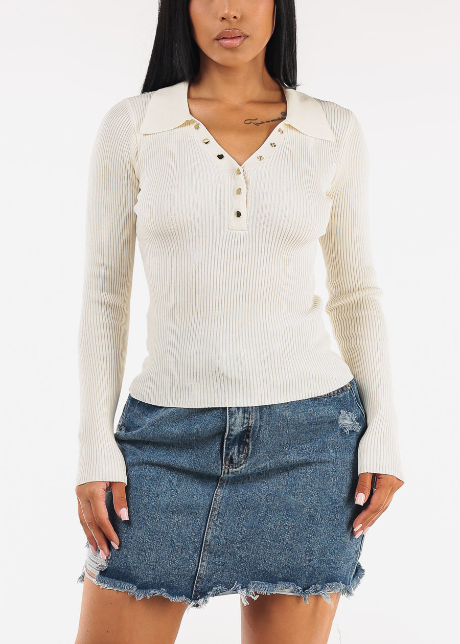 Long Sleeve Collared Rib Knit Sweater Top Cream