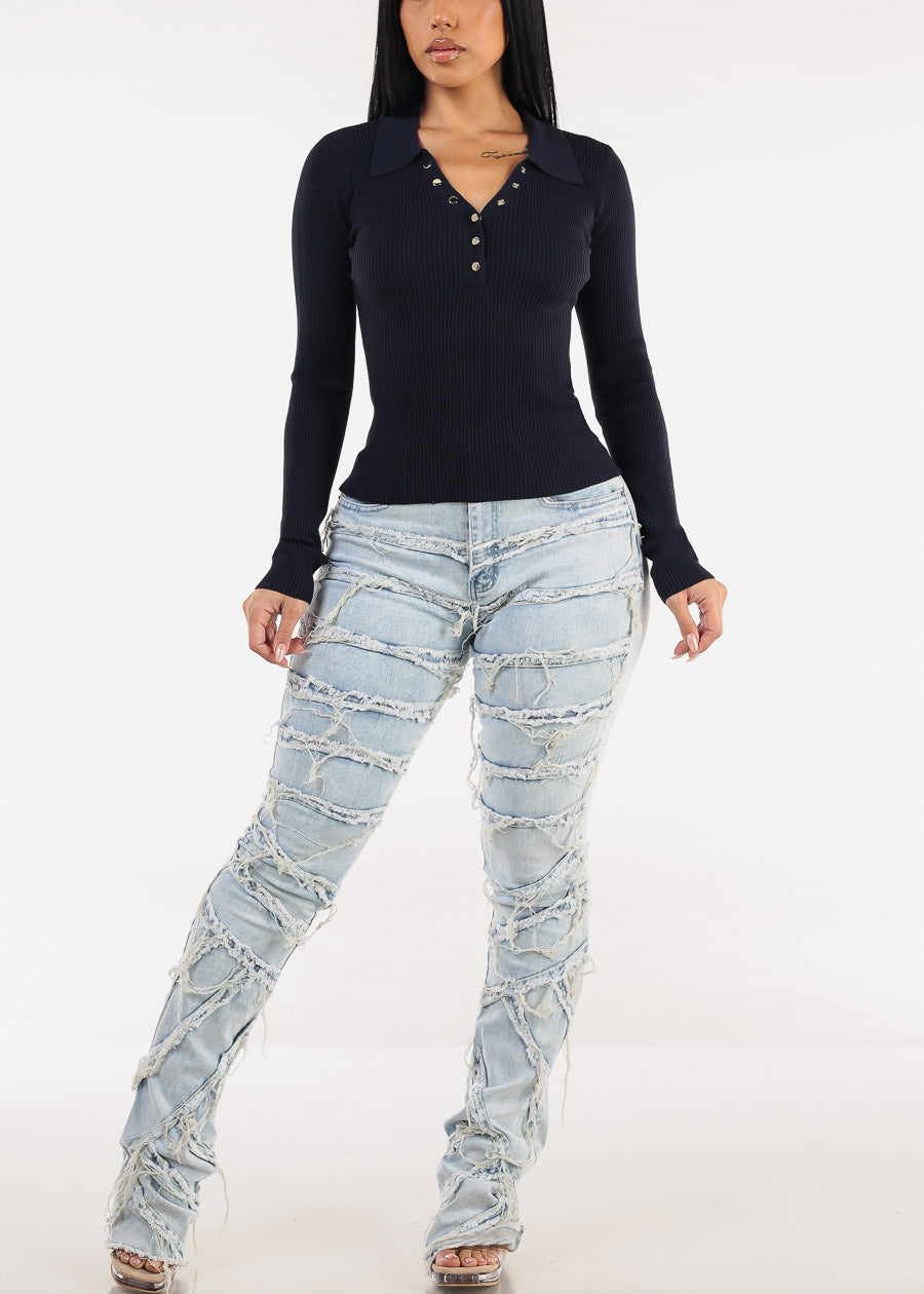 Long Sleeve Collared Rib Knit Sweater Top Navy