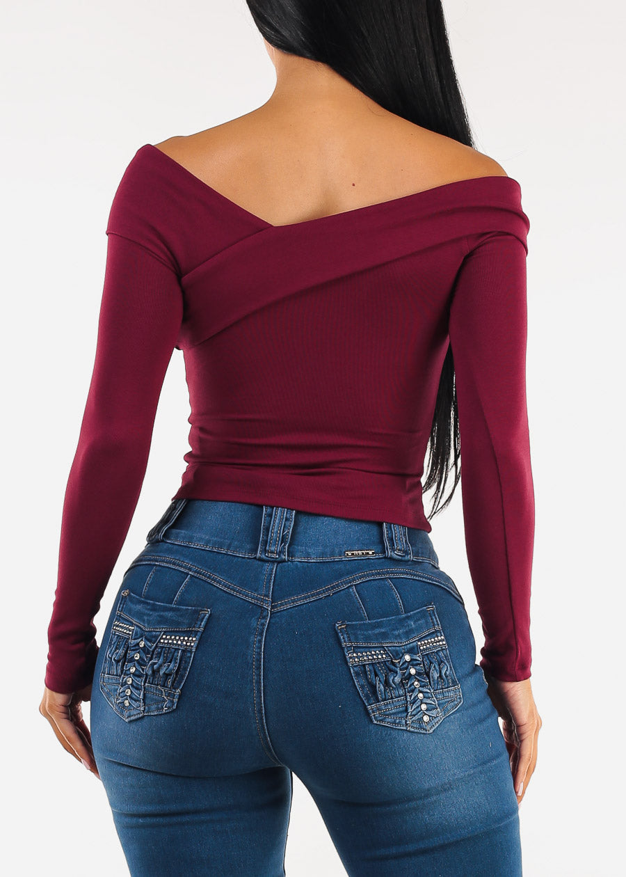 Off Shoulder Long Sleeve Stretch Top Burgundy