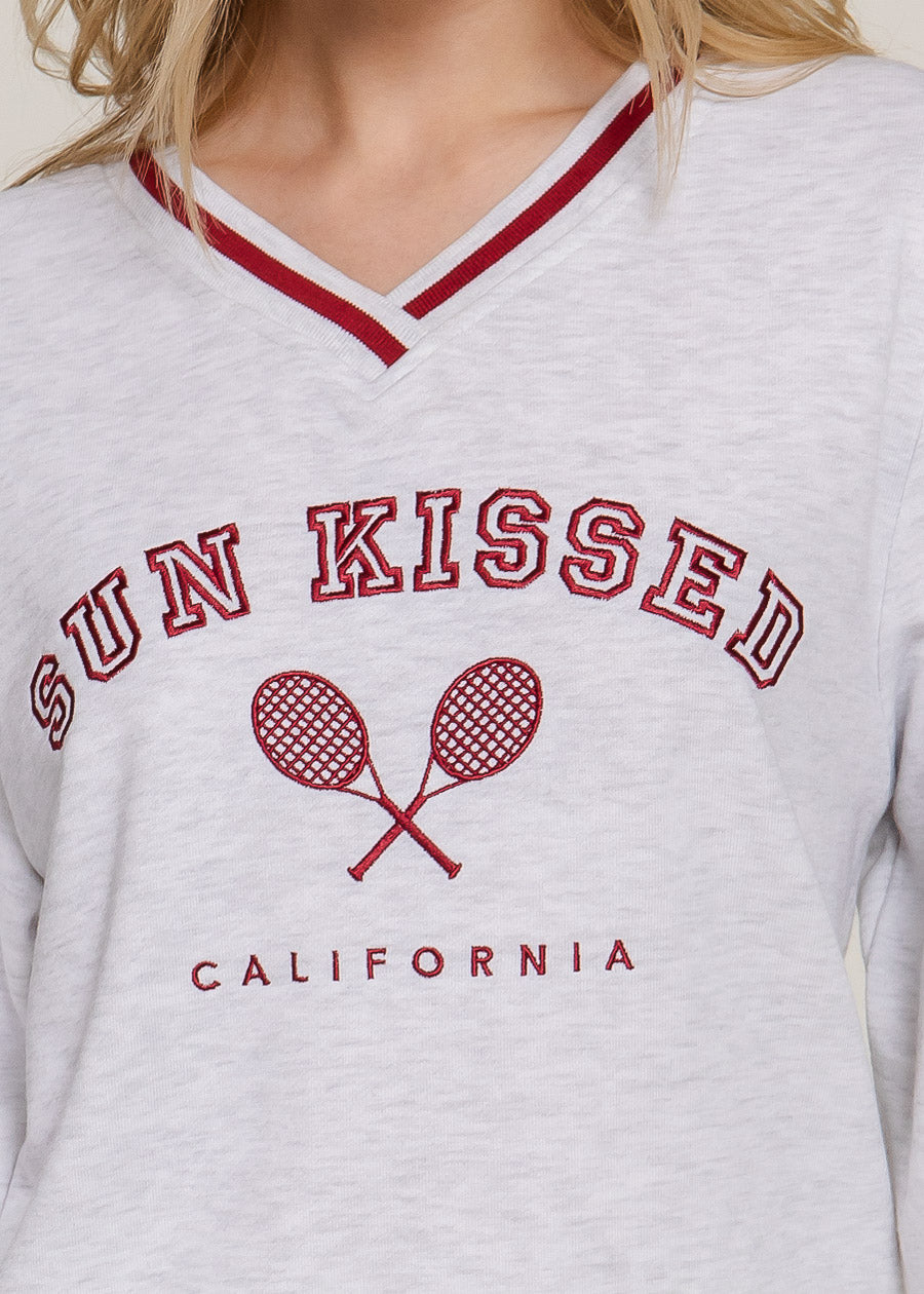 Stretchy Long Sleeve Vneck Graphic Sweatshirt Grey