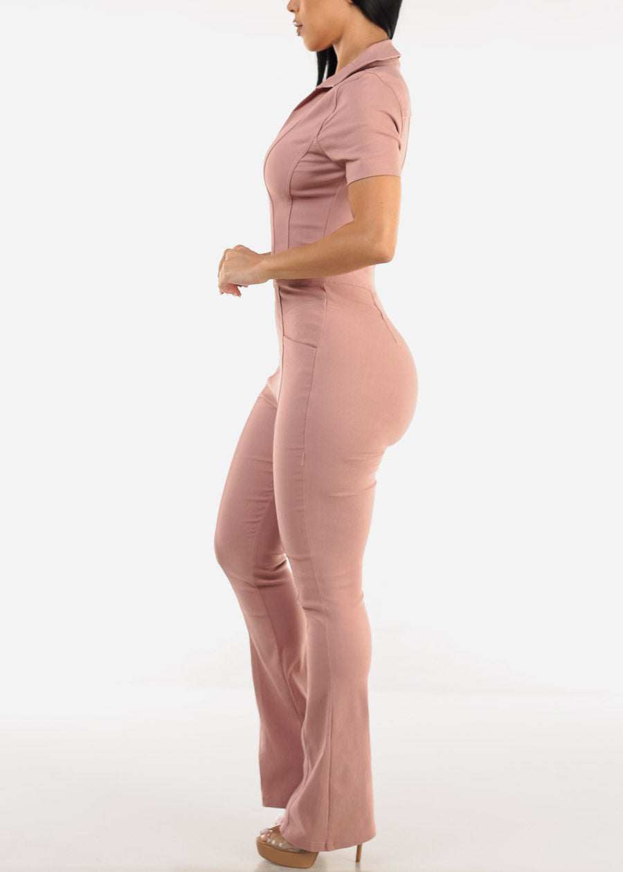 Short Sleeve Zip Up Flared Bootcut Jumpsuit Blush