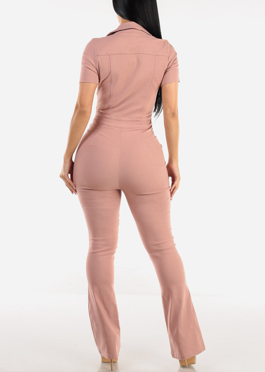 Short Sleeve Zip Up Flared Bootcut Jumpsuit Blush