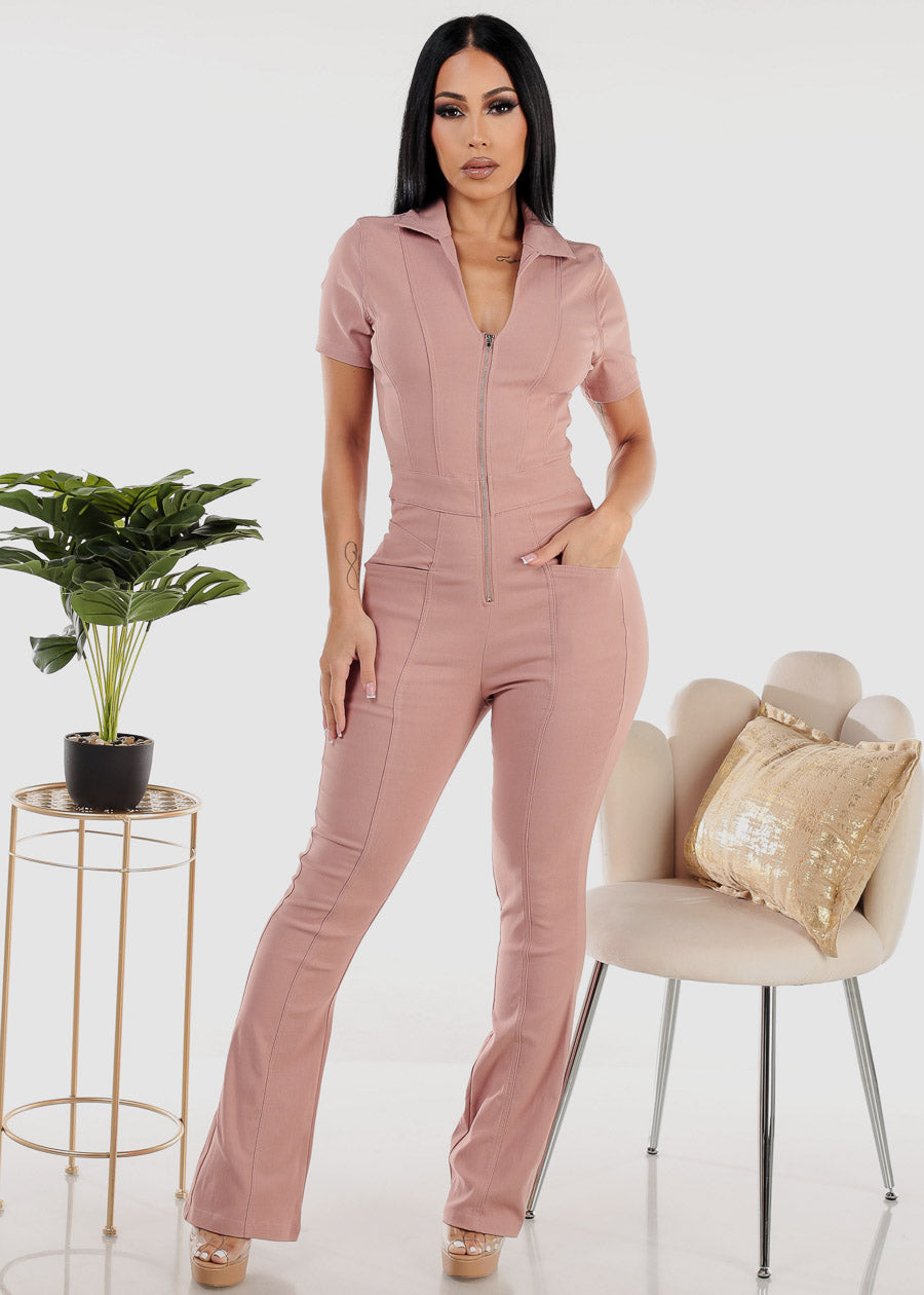 Short Sleeve Zip Up Flared Bootcut Jumpsuit Blush