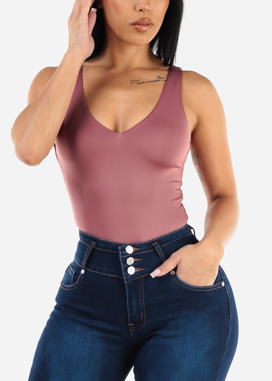 Seamless Vneck Sleeveless Thong Bodysuit Mauve