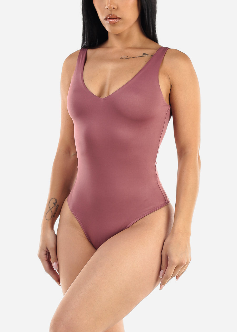 Seamless Vneck Sleeveless Thong Bodysuit Mauve