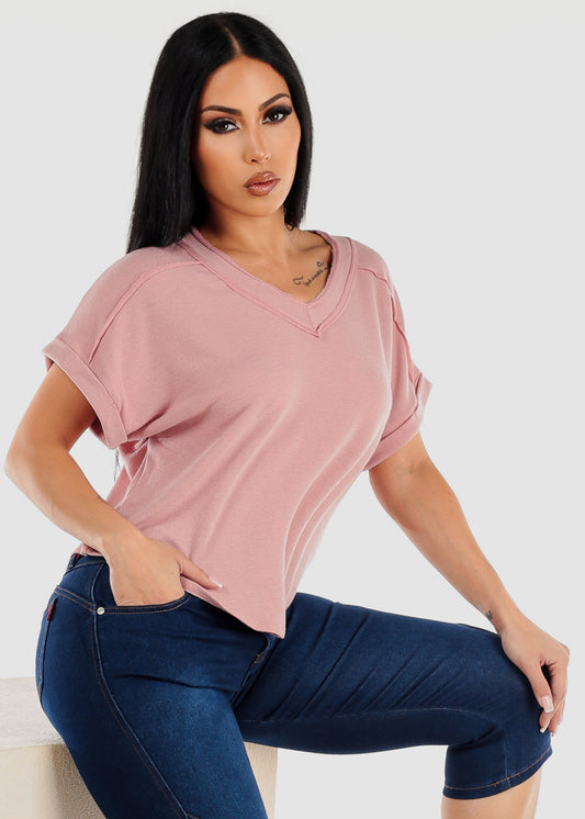 Short Sleeve Vneck Soft Terry Top Blush