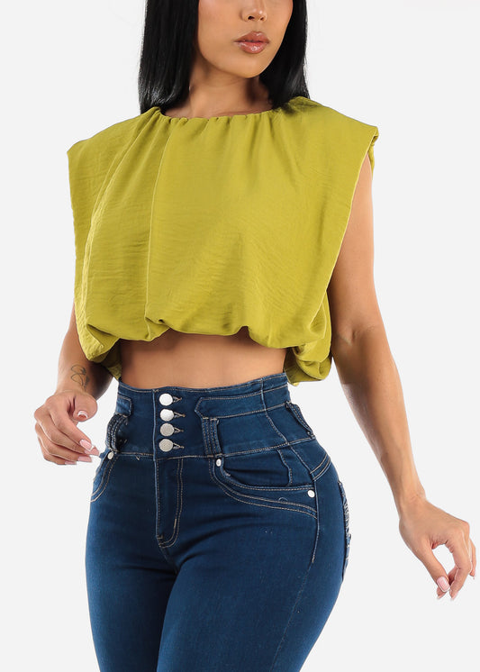 Sleeveless Bubble Hem Crop Top Light Green