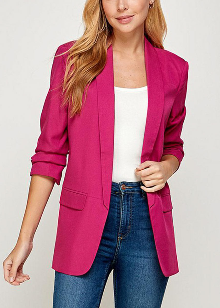 Quarter Sleeve Open Front Formal Blazer Fuchsia