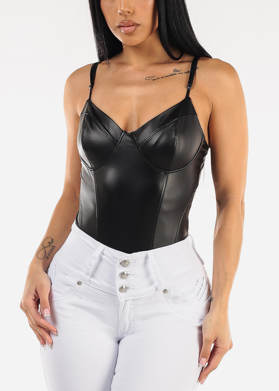 Sleeveless Vegan Leather Black Thong Bodysuit
