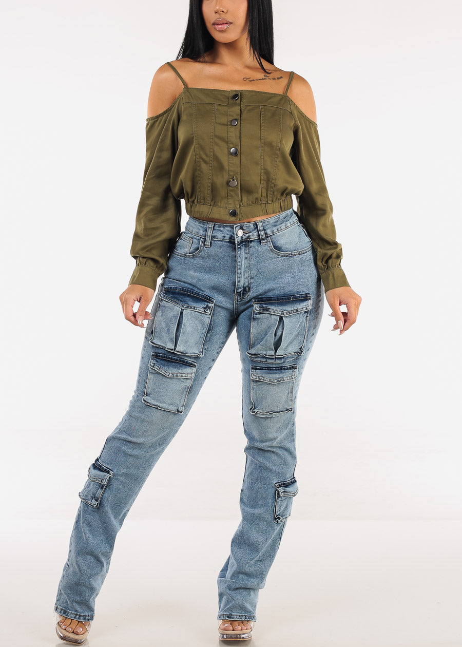 Cold Shoulder Button Up Blouse Olive