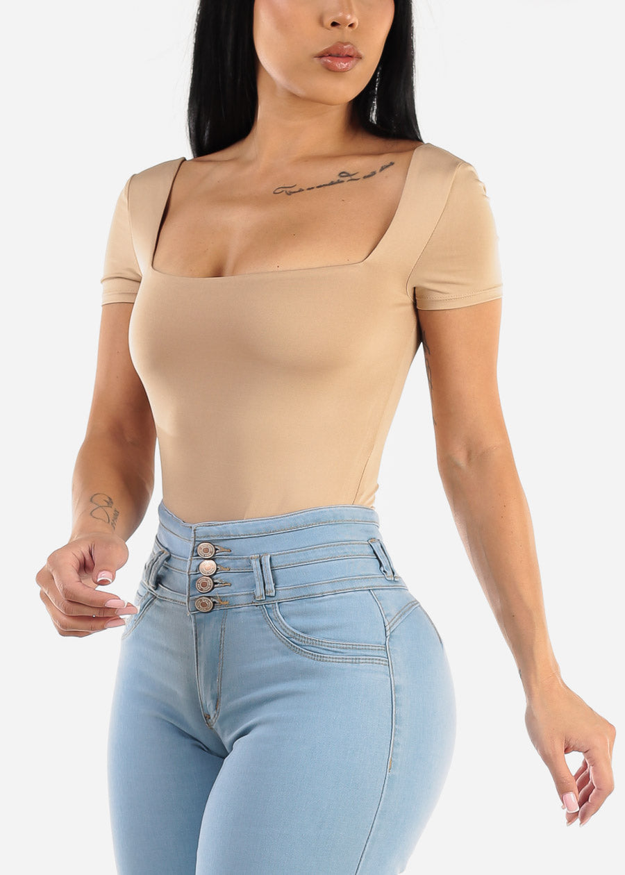 Short Sleeve Square Neck Thong Bodysuit Khaki