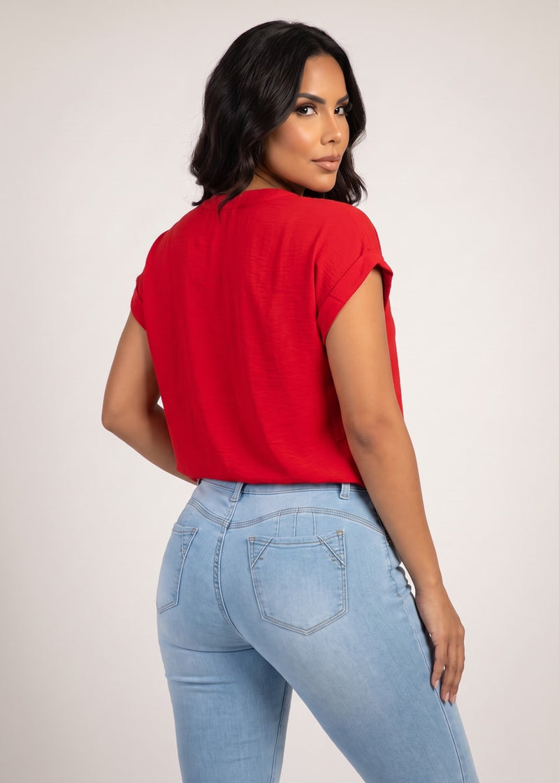 Casual Short Sleeve Vneck Lightweight Blouse Red