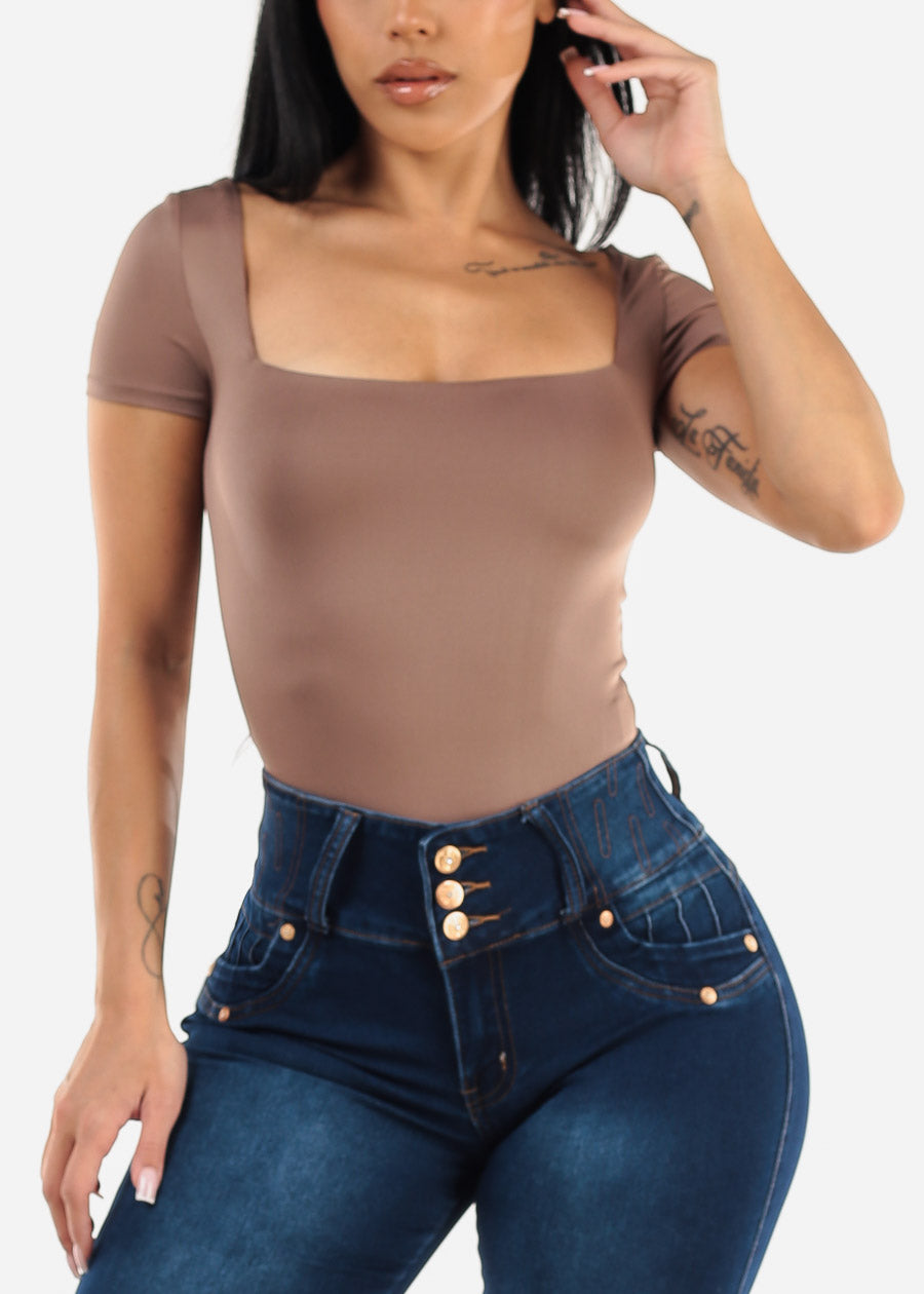 Short Sleeve Square Neck Thong Bodysuit Dark Brown