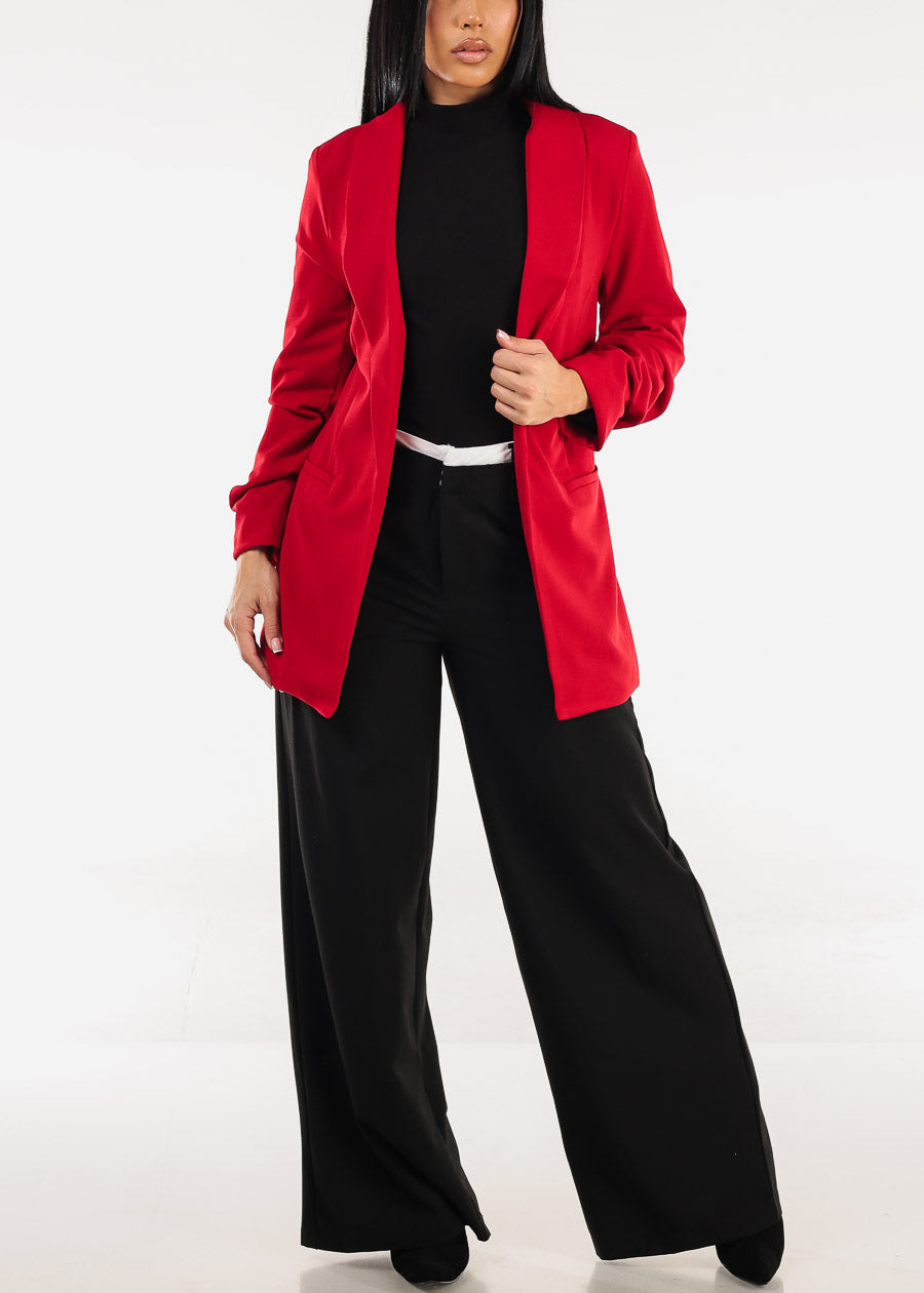 Quarter Sleeve Open Front Red Blazer