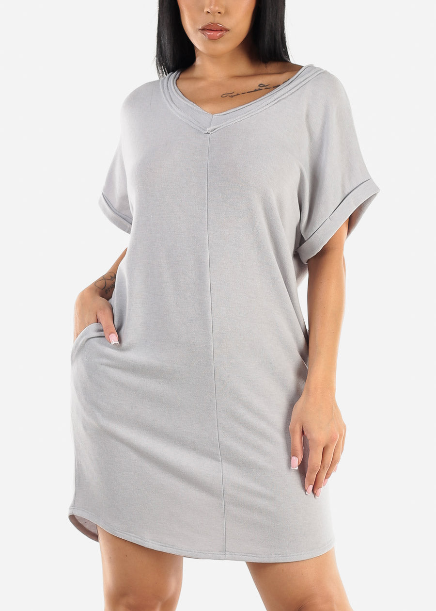 Short Sleeve Vneck Mini T-shirt Dress Grey