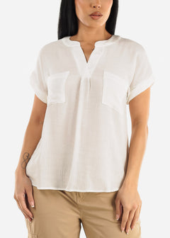 Gauze Cap Sleeve White Shirt w Back Buttons