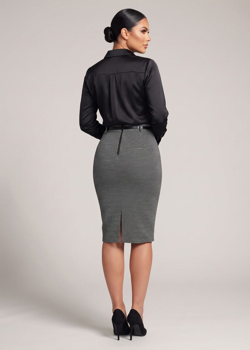 High Waisted Printed Stretch Pencil Skirt Black w Belt