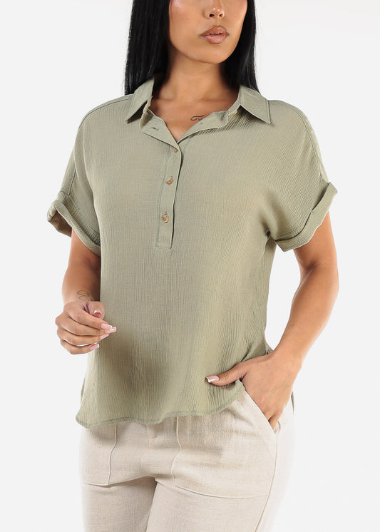 Cap Sleeve Light Olive Blouse w Front Half Placket