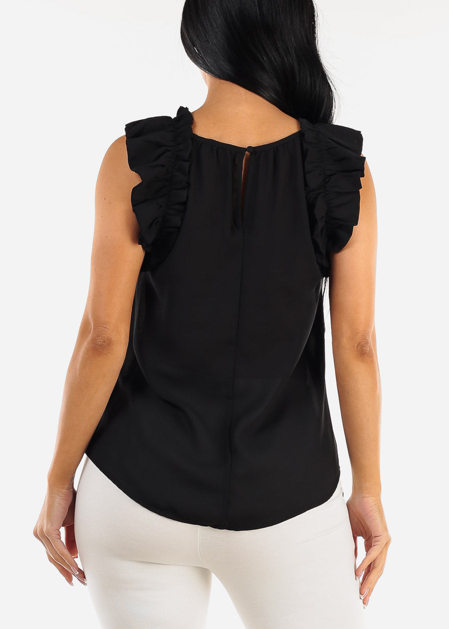 Black Sleeveless Ruffled Woven Blouse