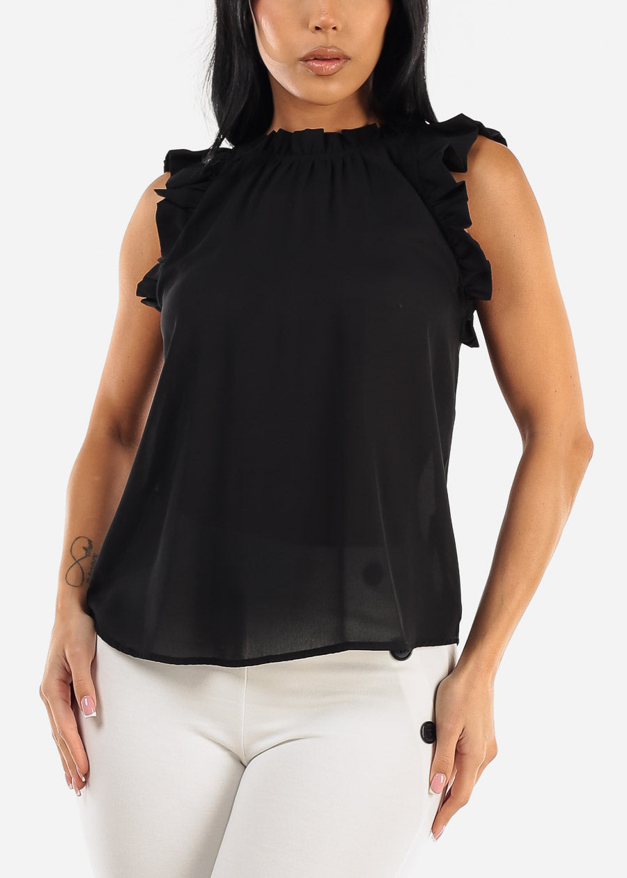 Black Sleeveless Ruffled Woven Blouse