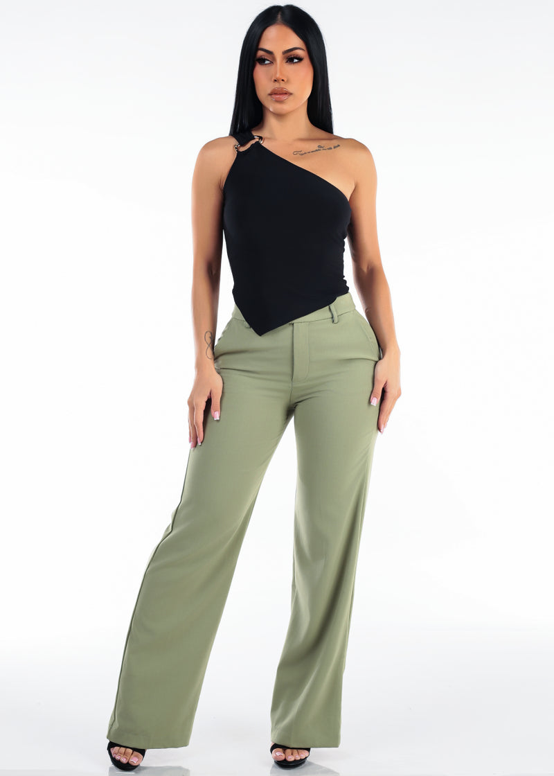 Super High Waist Stretch Wide Leg Dress Pants Light Olive