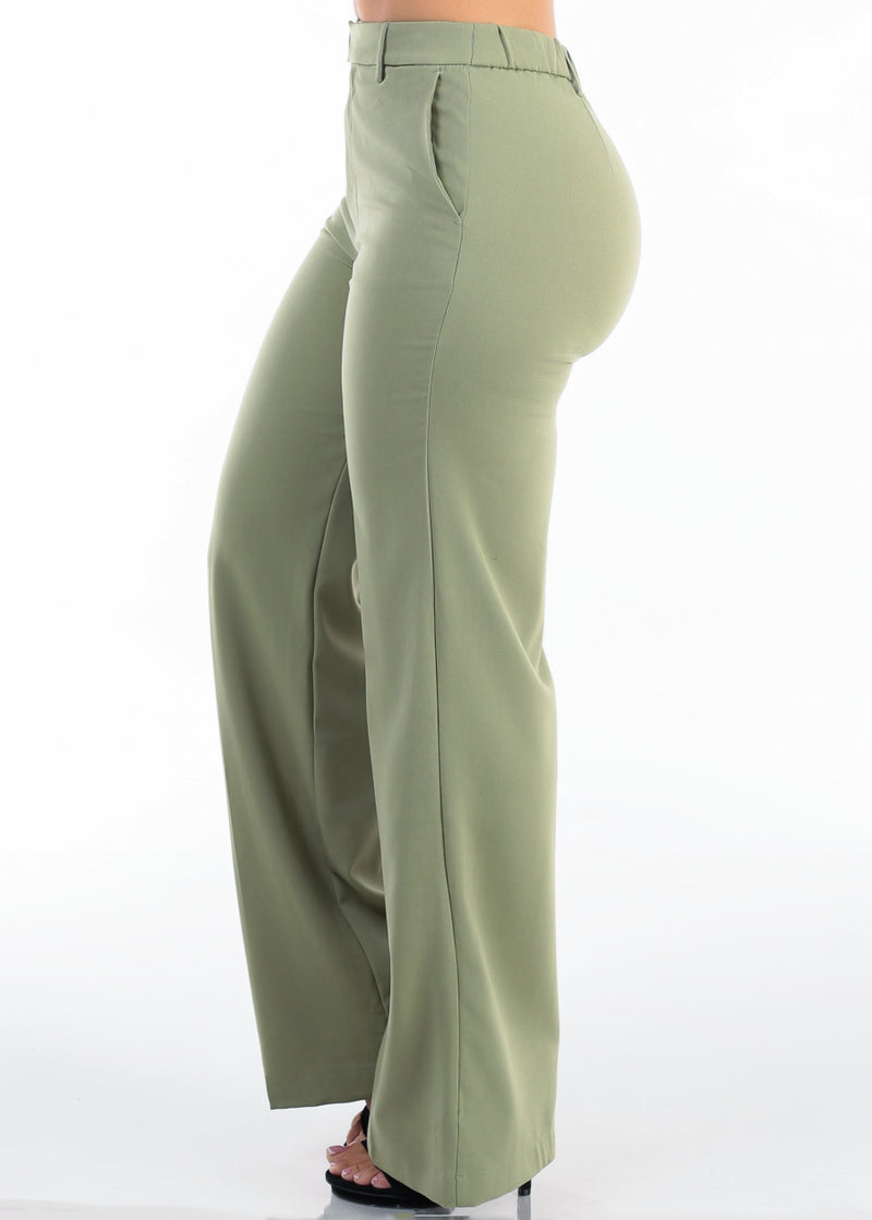Super High Waist Stretch Wide Leg Dress Pants Light Olive