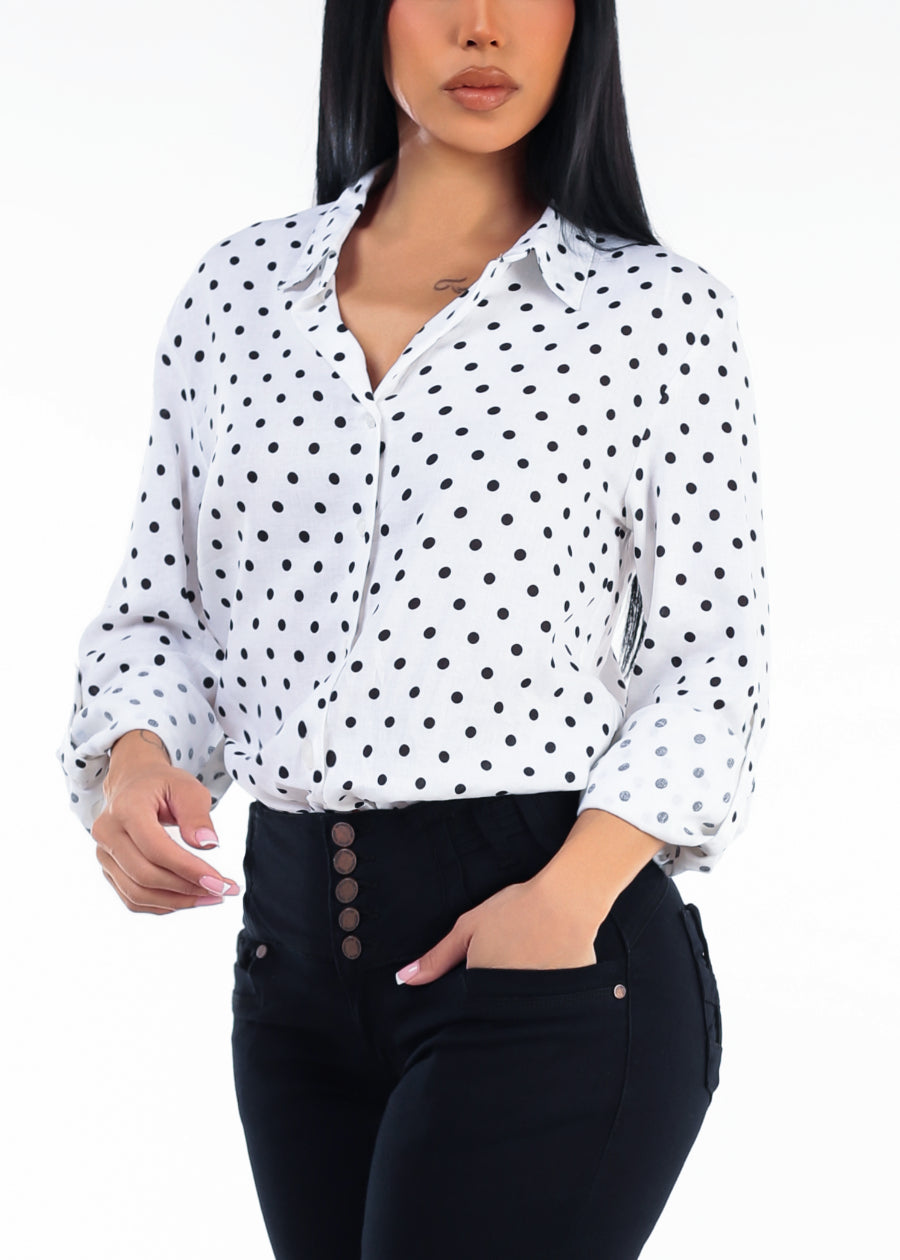 Long Sleeve Button Up Polka Dot Linen Blouse White