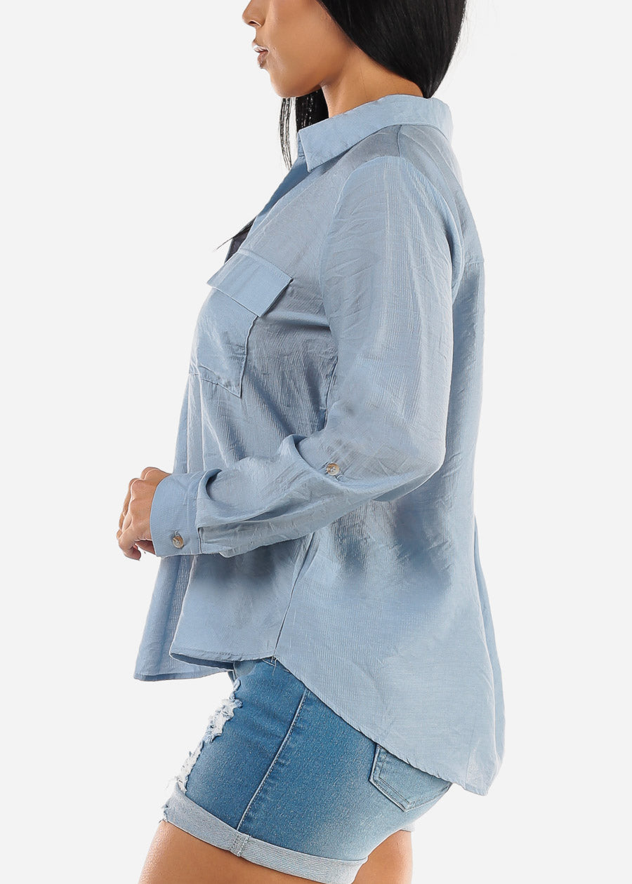 V Neck Long Sleeve Loose Collared Shirt Light Blue