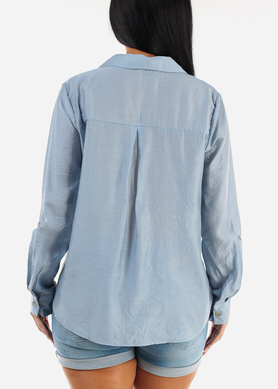 V Neck Long Sleeve Loose Collared Shirt Light Blue