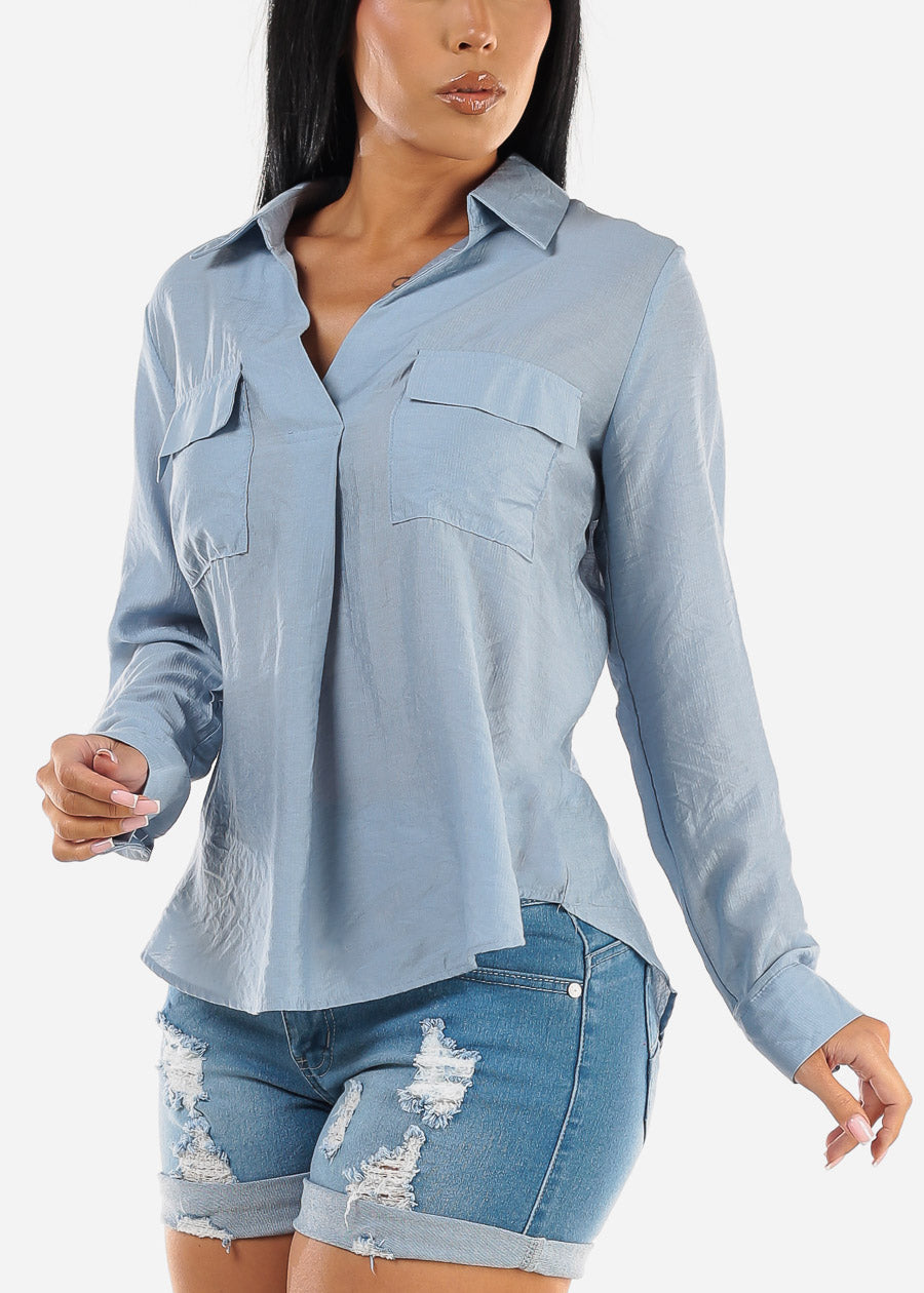 V Neck Long Sleeve Loose Collared Shirt Light Blue