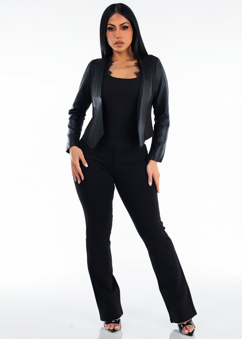 Long Sleeve Open Front Vegan Leather Jacket w Back Cut Out
