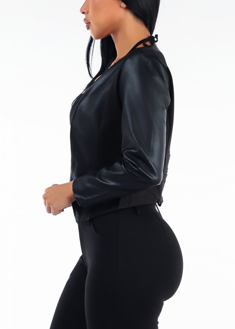 Long Sleeve Open Front Vegan Leather Jacket w Back Cut Out