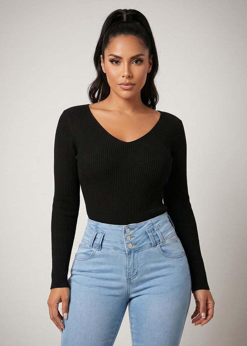 Long Sleeve Vneck Ribbed Sweater Top Black