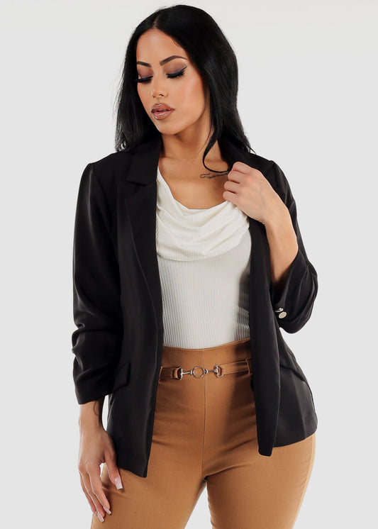 Open Front Quarter Sleeve Black Blazer w Buttons Detail