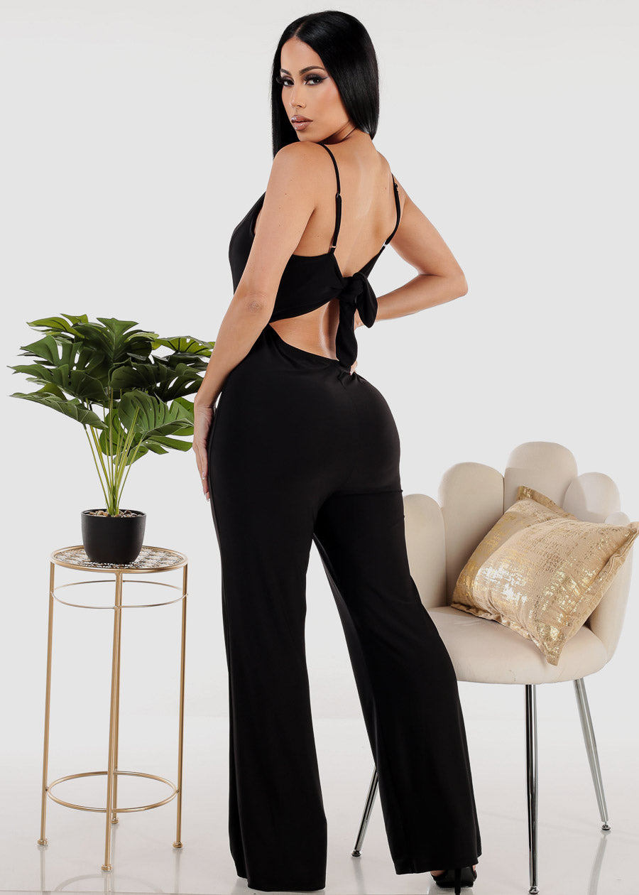 Sleeveless Black Tie Back Wide Leg Jumpsuit