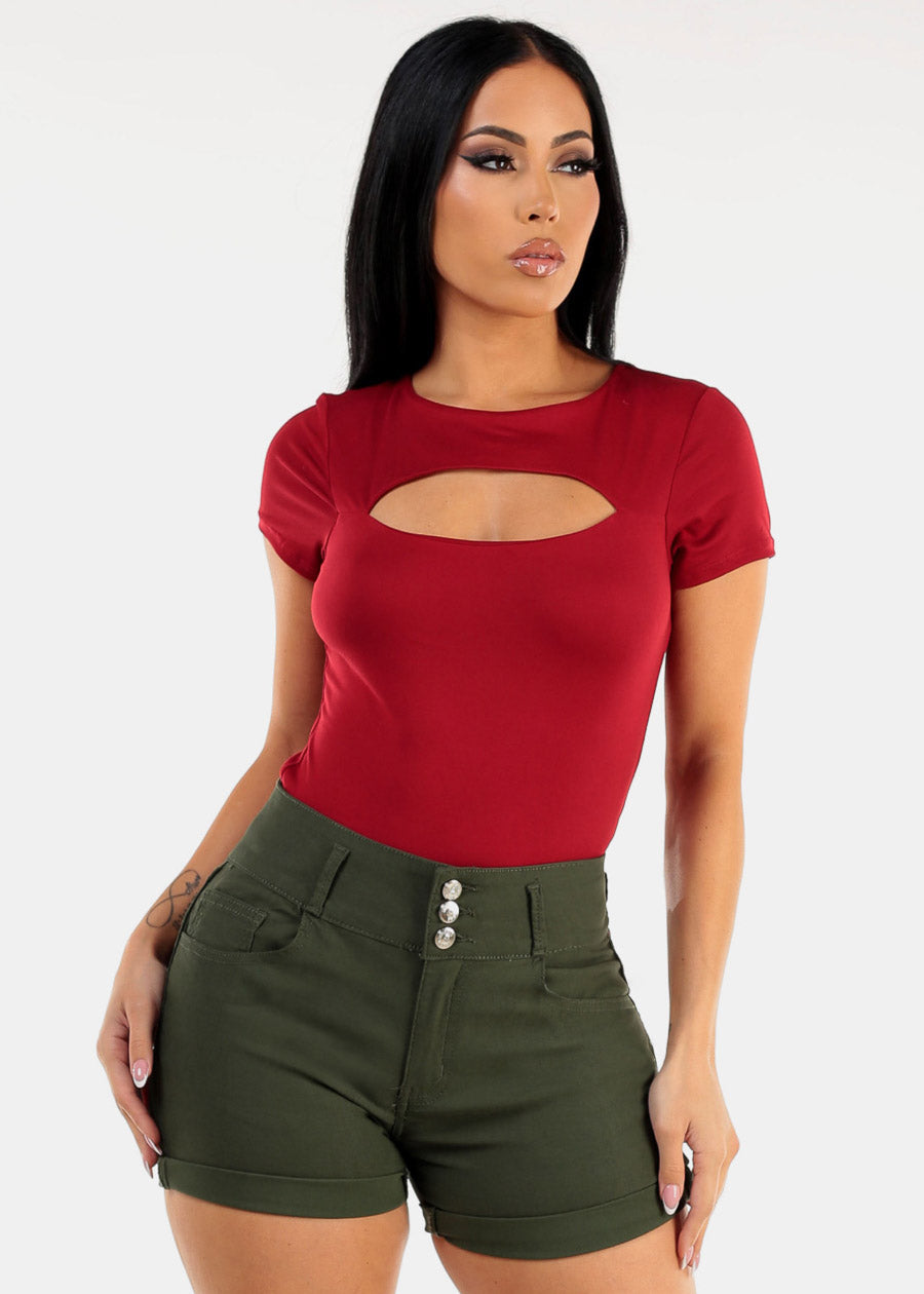 Short Sleeve Cut Out Double Layered Crop Top Red