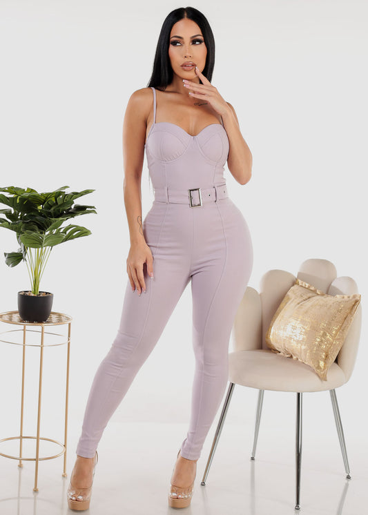 Sleeveless Sweetheart Neckline Belted Jumpsuit Lilac