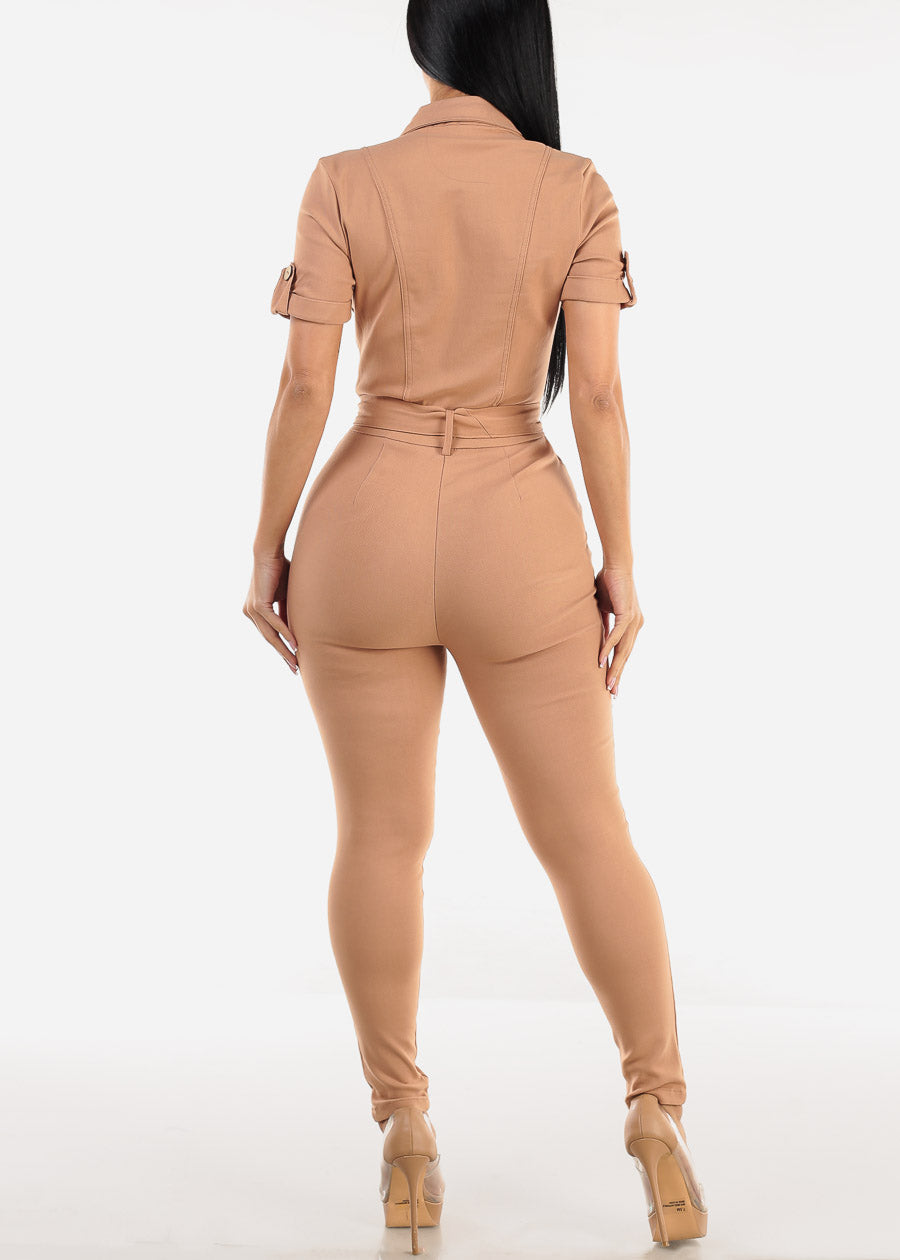 Short Sleeve Button Up Collared Jumpsuit Light Camel