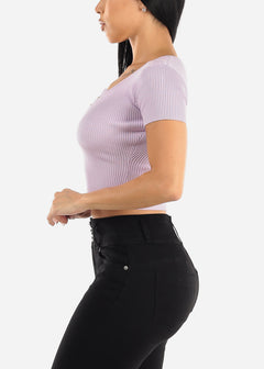 Stretchy Knit Short Sleeve Clasp Closure Crop Top Lilac