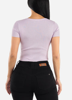 Stretchy Knit Short Sleeve Clasp Closure Crop Top Lilac