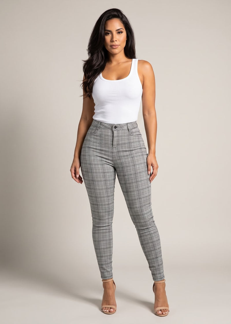 High Waisted Grey Checkered Skinny Pants